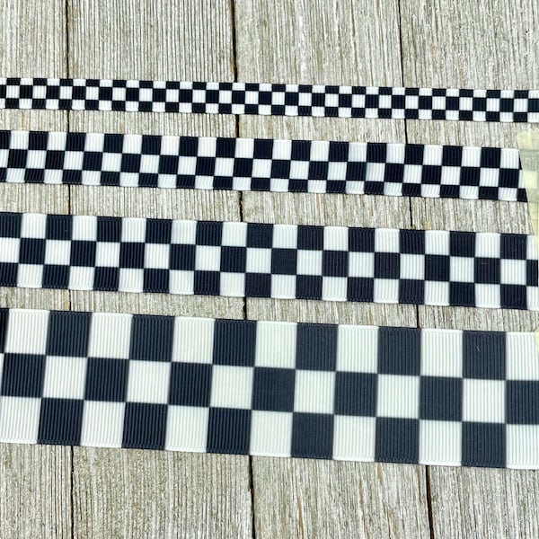 Black & White Racing Checkered Check  Grosgrain  Printed Ribbon: 3/8" - 5/8" - 7/8" - 1.5" - Craft - Gift Wrap - Racing Flag - Team Ribbon