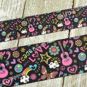 Sale! 3 & 5 Yard Peace Love Guitars Flowers Rainbows Printed Grosgrain Ribbon: 7/8" - 1.5" - Craft - Bow - Scrapbook - Gift Wrap - Scrapbook image 2