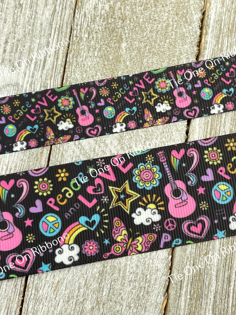 Sale! 3 & 5 Yard Peace Love Guitars Flowers Rainbows Printed Grosgrain Ribbon: 7/8" - 1.5" - Craft - Bow - Scrapbook - Gift Wrap - Scrapbook image 2
