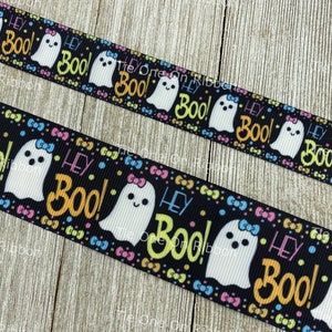 Hey Boo!&quot; Niedliche Geister Mit Schleifen auf schwarzem Hintergrund Bedrucktes Ripsband - 20mm - 3,5cm - Nähen - Basteln - Kostüm - Schleifen - Party - Wrappen
