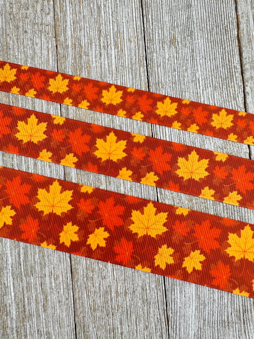 Grey Fall Ribbon Golden Yellow and Brown Fall Autumn Leaves Printed Grosgrain Ribbon - 5 ...