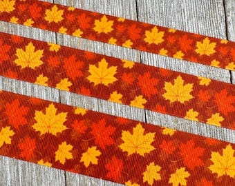 Golden Yellow and Brown Fall Autumn Leaves Printed Grosgrain Ribbon - 5/8" - 1" - 1.5" - Craft - Decor - Hair Bow - Scrapbook - Wreath -Wrap