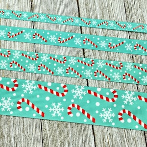 Christmas Candy Canes & Snowflakes on Aqua Blue Printed Grosgrain Ribbon - 3/8&quot; - 5/8&quot; - 7/8&quot; - 1.5&quot; -  Sew - Craft - Decor - Wrap - Tag