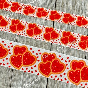 Red Valentine Hearts Sugar Cookie Printed On White Grosgrain Ribbon - 5/8&quot; - 7/8&quot; - 1.5&quot; - Sew - Craft- Decor - Bow - Party Favor - Wrap