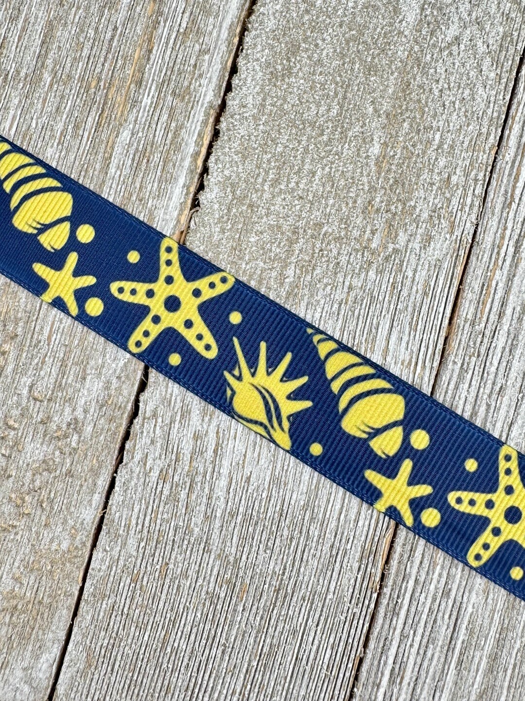 Shell Ribbons Sale! 5 Yards Yellow-gold Sea Shells on Navy Printed Grosgrain Ribbon ...