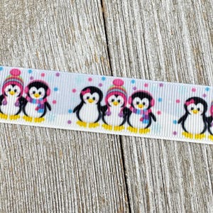 Penguin Trio on Blue With Pastel Dots Printed Grosgrain Ribbon - 7/8&quot; - Sew - Craft - Hair Bow - Gift Wrap - Ornament - Luggage Tag