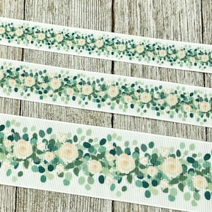 Cream Roses & Green Eucalyptus Leaves Printed Grosgrain Ribbon -  5/8&quot; - 7/8&quot; - 1.5&quot; - Sew - Craft -  Wedding Shower - Tag - Bow - Wrap