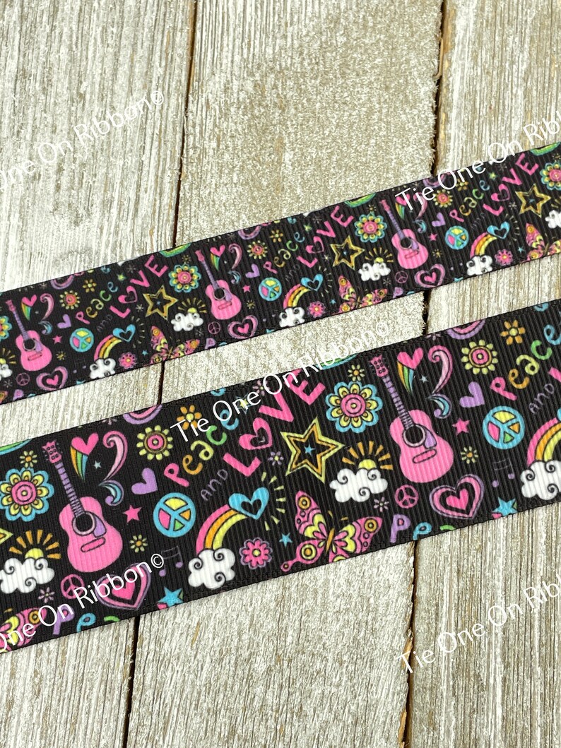 Sale! 3 & 5 Yard Peace Love Guitars Flowers Rainbows Printed Grosgrain Ribbon: 7/8" - 1.5" - Craft - Bow - Scrapbook - Gift Wrap - Scrapbook image 4