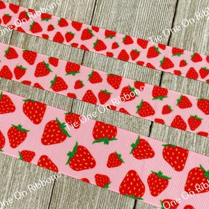 Red Strawberries On Solid Pink Background Printed Grosgrain Ribbon -  5/8&quot; - 7/8&quot; - 1.5&quot; - Sewing - Crafting - Decorating - Bows - Collar -