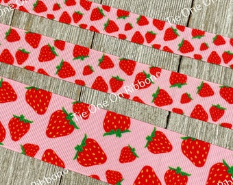 Rote Erdbeeren auf rosa Hintergrund Ripsband bedruckt - 1,5 - 2,0 - 3,5 Zoll - Nähen - Basteln - Dekorieren - Schleifen - Kragen -