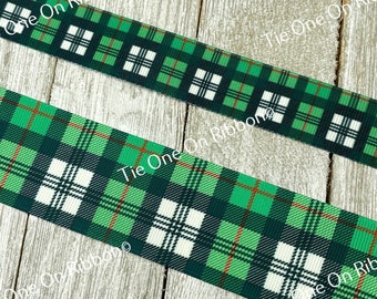 Green and White Bold Plaid Check Printed Grosgrain Ribbon - 7/8" - 1.5"  - Craft - Decor - Bow - Christmas - Gift Wrap - St Patrick - Tag