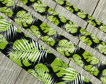 Green and White Palm Leaves on Black Background  Printed Grosgrain Ribbon - 3/8" - 5/8" - 7/8" - 1.5" - Wide - Sew - Craft - Bow - Hat Band