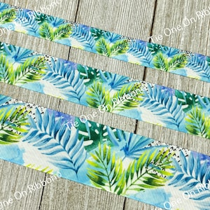 Blue and Green Tropical Palms Printed Grosgrain Ribbon - 5/8&quot; -  7/8&quot; - 1&quot; - 1.5&quot; Wide - Sewing - Crafting - Decorating - Scrapbook