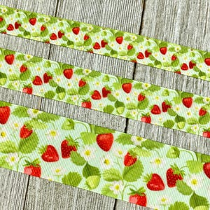 Red Strawberries on Aqua Printed Grosgrain Ribbon -  5/8&quot; - 7/8&quot; - 1.5&quot; Wide - Sewing - Crafting - Decorating - Bows - Collar