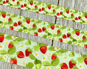 Red Strawberries on Aqua Printed Grosgrain Ribbon -  5/8" - 7/8" - 1.5" Wide - Sewing - Crafting - Decorating - Bows - Collar