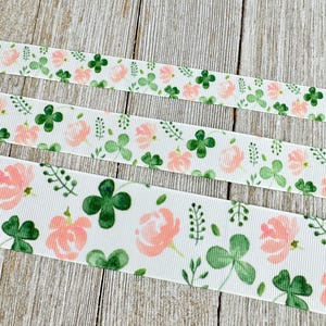 Pink Posies & Green Shamrocks On Solid White Background  Grosgrain Printed Ribbon: 5/8", 7/8", 1.5", Wedding Flowers, Hair Bow