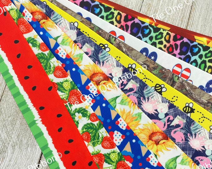 Get Exactly What You See! 10 - 1-Yard Cuts of 1.5" Fun Summer Prints Assorted Grosgrain Ribbon Decor Party Bow Scrapbook Cart Sew