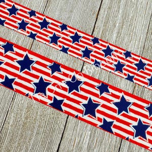 SALE! 5 Yards Patriotic Big Blue Stars Horizontal Red Stripes Printed Grosgrain Ribbon -  1&quot; - 1.5&quot;  - Craft - Party - Bow - Parade - Wreath