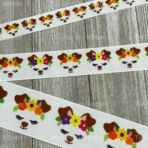 VENTA Cinta de grosgrain con corona de flores y cara de perro cachorro de 5 yardas 5/8 1 1.5 Coser Artesanía Lazo Collar Cinta impresa Estampado animal imagen 2