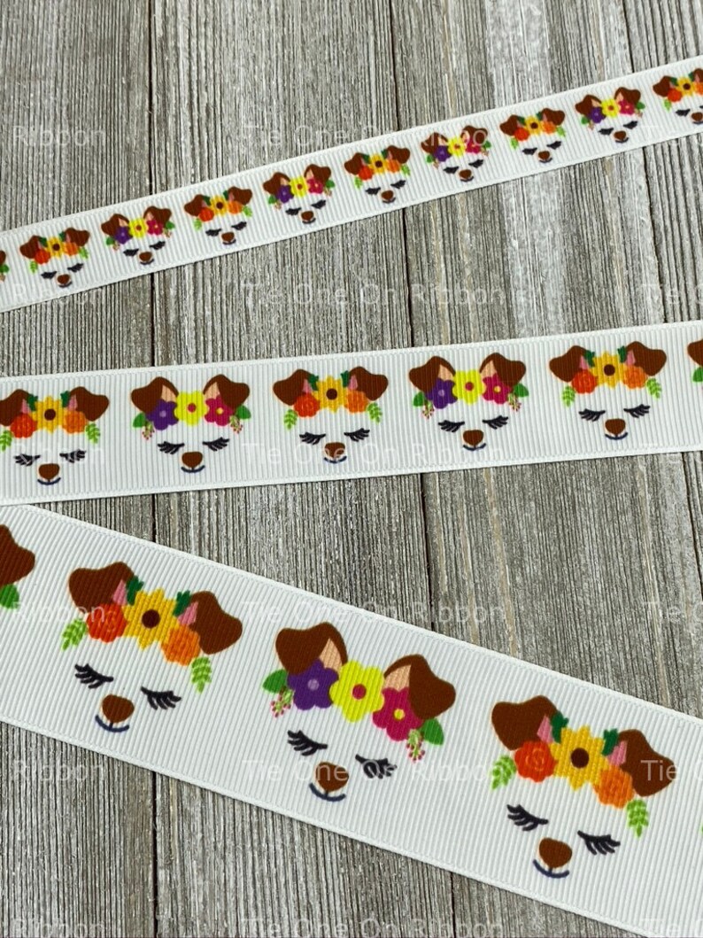 VENTA Cinta de grosgrain con corona de flores y cara de perro cachorro de 5 yardas 5/8 1 1.5 Coser Artesanía Lazo Collar Cinta impresa Estampado animal imagen 2