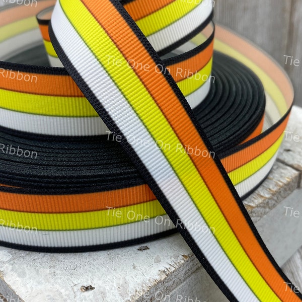 SALE! 5 Yards Halloween Yellow, Orange and Black Stripe Printed Grosgrain Ribbon -  7/8" - Sew- Craft - Decor - Costume - Party - Bow