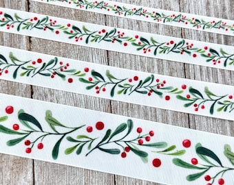 Holly Berries & Greenery Holiday Printed Grosgrain Christmas Ribbon: 3/8", 5/8", 7/8", 1.5",  Gift Wrap, Tag, Collar