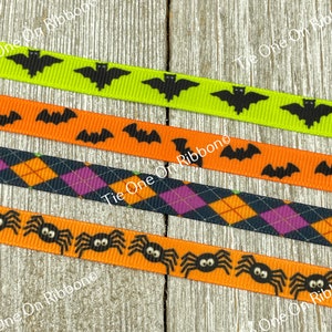 3/8&quot; Width - Choice of Four Halloween Printed Grosgrain Ribbon - Sewing - Crafting  - Costume - Party Favor - Hair Bow - Gift Wrap