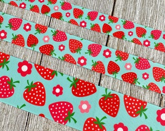 Red Strawberries And Flowers on Blue Background Printed Grosgrain Ribbon -  5/8"- 7/8" - 1.5" - Craft - Hair Bow - Luggage Tag - Wreath