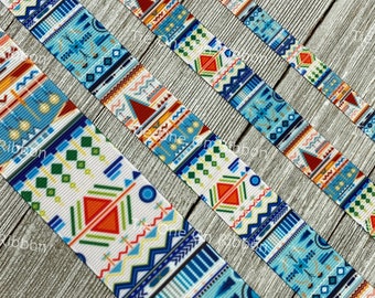 Blue Southwest Aztec Tribal Stripe Printed Grosgrain Ribbon -  3/8" - 5/8" - 7/8" - 1.5" - Sew - Craft - Decor - Hair Bow - Wreath