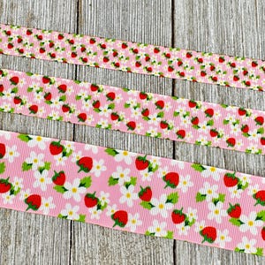 Petite Strawberry And Blossoms Printed Grosgrain Ribbon - 5/8&quot; - 7/8” - 1” - 1.5&quot;  Sew - Craft - Hair Bow - Gift Wrap - Wreath - Fruit - Tag
