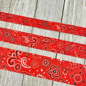 Red Bandana Cowgirl Western Printed Grosgrain Ribbon -  5/8&quot; - 7/8&quot; - 1&quot; - 1.5&quot;  - Sewing - Crafting - Luggage Tag - Bow - Costume - Party