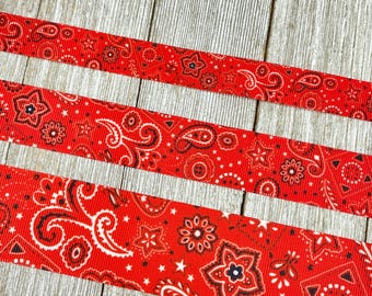 Cinta de grosgrain estampada con pañuelo rojo estilo vaquera western - 5/8" - 7/8" - 1" - 1.5" - Costura - Manualidades - Etiqueta para equipaje - Lazo - Disfraz - Fiesta