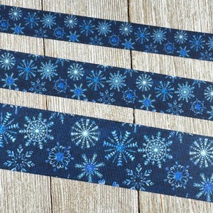 Blue On Blue Winter Snowflakes Printed Grosgrain Ribbon: 5/8&quot;, 7/8&quot;, 1.5&quot;, Gift Wrap, Table Decor, Hair Bow, Hanukkah