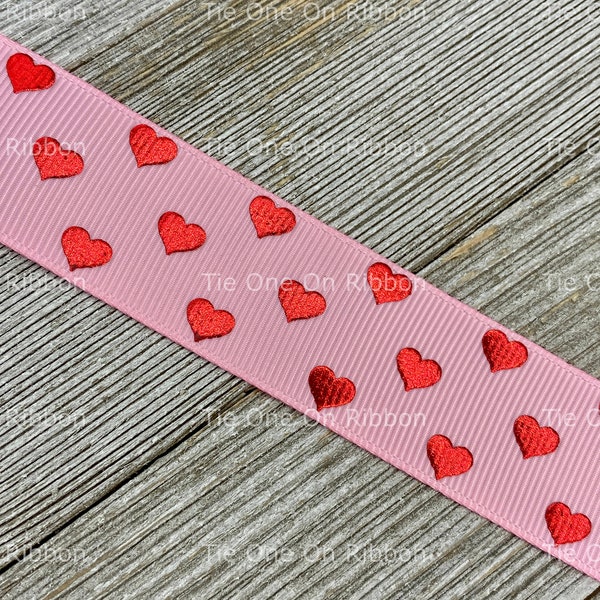 SALE! 5 Yards Red Foil Hearts Printed on Pink Grosgrain Ribbon -  1" - Sew - Craft - Valentine - Scrapbook - Gift Wrap - Tag - Collar