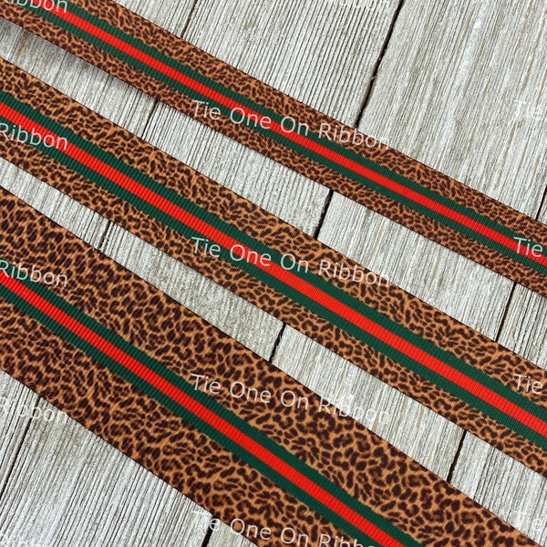 Green Red Lined Leopard Spots Printed Grosgrain Ribbon -  5/8" - 7/8 "- 1" - 1.5" Inch - Sewing - Crafting - Decorating - Luggage - Decor