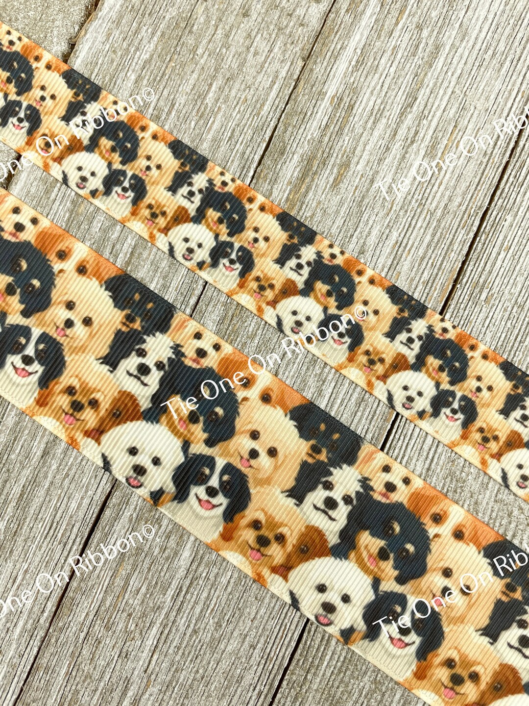 Dogpatch Ribbon Happy Dog, Puppies, Puppy Printed Ribbon on White Grosgrain - 7/8