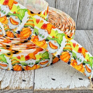 Sale! 5 Yards Fall Gnomes Pumpkins Sunflowers Printed Grosgrain Ribbon: 7/8&quot;  - Sew - Craft - Fall Decor - Bow - Dog Collar - Wrap - Tag