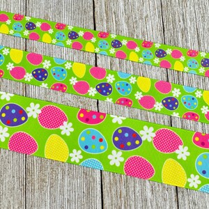 Brightly Decorated Easter Eggs On Green Printed Grosgrain Ribbon - 5/8"- 7/8"- 1" - 1.5" - Sewing -Crafting -Decorating - Bow - Scrapbooking