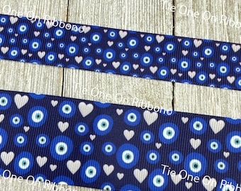 Sale! 5 Yards Eye Heart You Evil Eye Talisman In Blue Printed Grosgrain Ribbon  7/8" - 1.5" - Craft - Collar - Bow - Gift Wrap - Bookmark