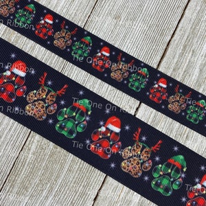 Festive Holiday Dog Paw Prints Lit Up On Black Background Printed Grosgrain Ribbon 7/8 1.5 Sew Craft Decor Collar Leash image 3