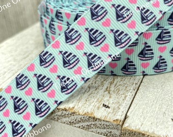 Sale! 5 Yards Sail Boat Hearts Beach Ocean Sea Life Printed Grosgrain Ribbon - 7/8" - Sewing - Crafting - Decorating - Bow - Party - Lanyard