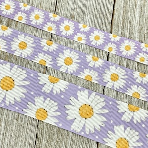 White Daisies on Lavender Purple  Printed Grosgrain Ribbon - 5/8&quot; - 7/8&quot; - 1.5&quot; - Sew - Craft - Decor - Gift Wrap - Tag - Hair Bow - Tag