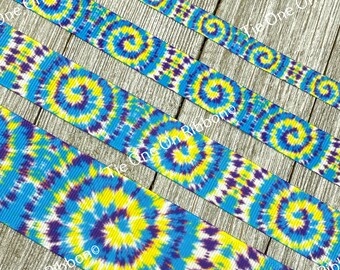 Blue, Yellow And Purple Tie Dye Printed Grosgrain Ribbon - 3/8" - 5/8" - 7/8" - 1.5"- Craft - Decor - Bow - Gift Wrap - Party Favor- Costume