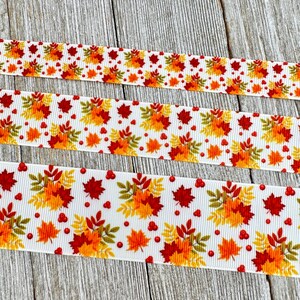 Fall Autumn Leaves on White Printed Grosgrain Ribbon -  5/8&quot; - 1&quot; - 1.5&quot; - Sewing - Crafting - Bow - Decor - Lanyard - Gift Wrap - Tag