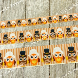 Thanksgiving Owl Pilgrims Printed Grosgrain Ribbon -  5/8" - 1" - 1.5" - Sewing - Crafting - Decorating - Wreath  - Party - Fall