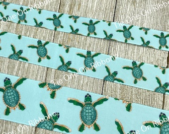 Green Sea Turtles Ocean Blue Printed Grosgrain Ribbon -  5/8" - 7/8" - 1.5" - Sew - Craft - Decor - Bow - Party - Shower - Gender Reveal -