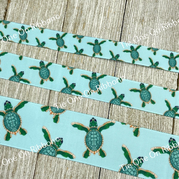 Green Sea Turtles Ocean Blue Printed Grosgrain Ribbon -  5/8" - 7/8" - 1.5" - Sew - Craft - Decor - Bow - Party - Shower - Gender Reveal -