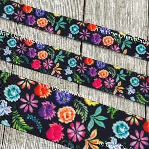 Bright Mexican Floral on Black Background Printed Grosgrain Ribbon - 5/8&quot; - 7/8&quot; - 1&quot; - 1.5&quot; - Sewing - Crafting - Decorating - Luggage