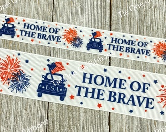 Blue Truck With Flag "Home Of The Brave" Printed Grosgrain Ribbon -  7/8" - 1.5" - Sew - Craft - Decor - Bow - Party - Collar - Tag