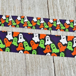 Green, Orange and White Ghosts on a Deep Purple Background PrintedGrosgrain Ribbon -  7/8&quot; - 1.5&quot; -  Sew - Craft - Decor - Costume - Bows